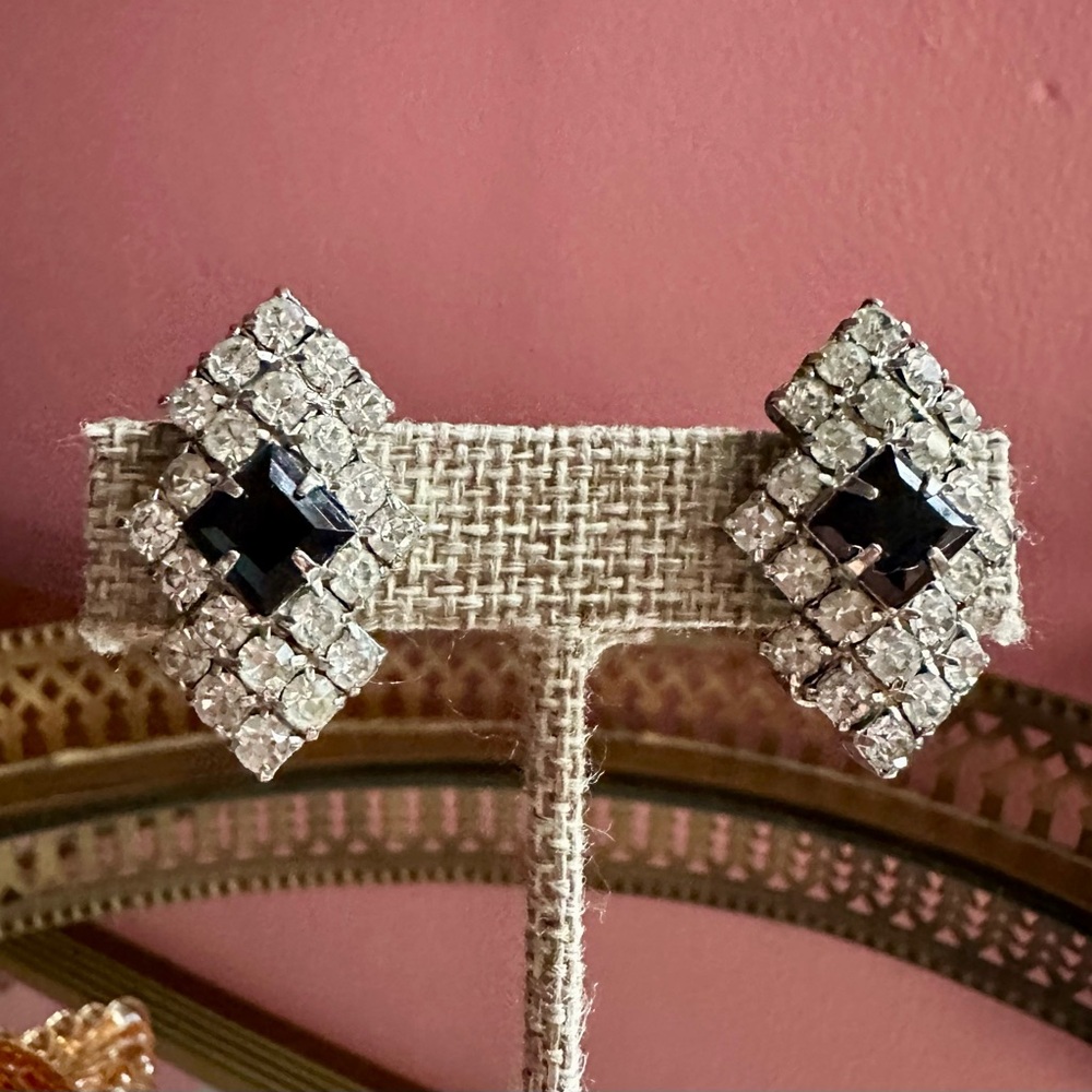 1970's Art Deco Glitz Crystal Rhinestone and Black Glass Black Tie Earrings